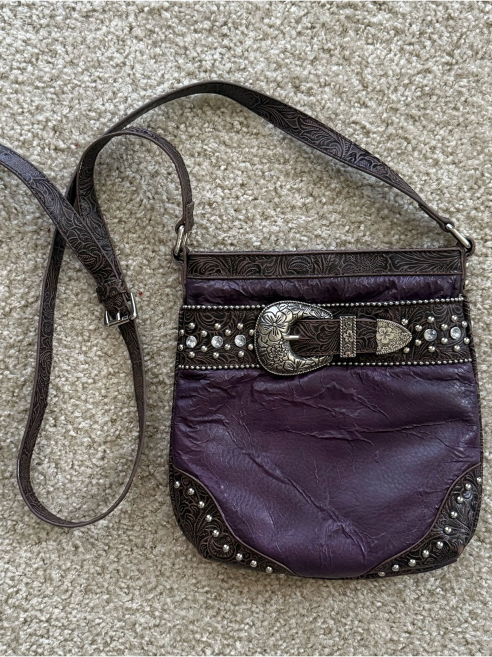 Western Tooled Crossbody Bag Purple Studded Buckle Boho Cowgirl Purse